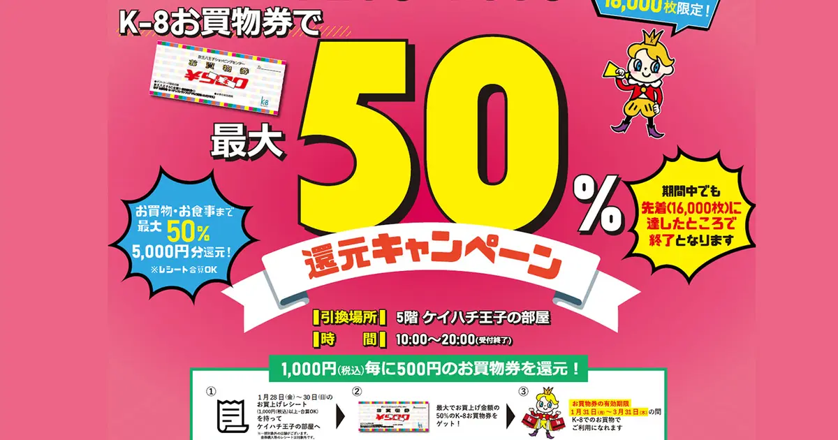 1/28～1/30限定】K-8お買い物券で最大50％還元キャンペーンはじまる!! | 八王子ジャーニー