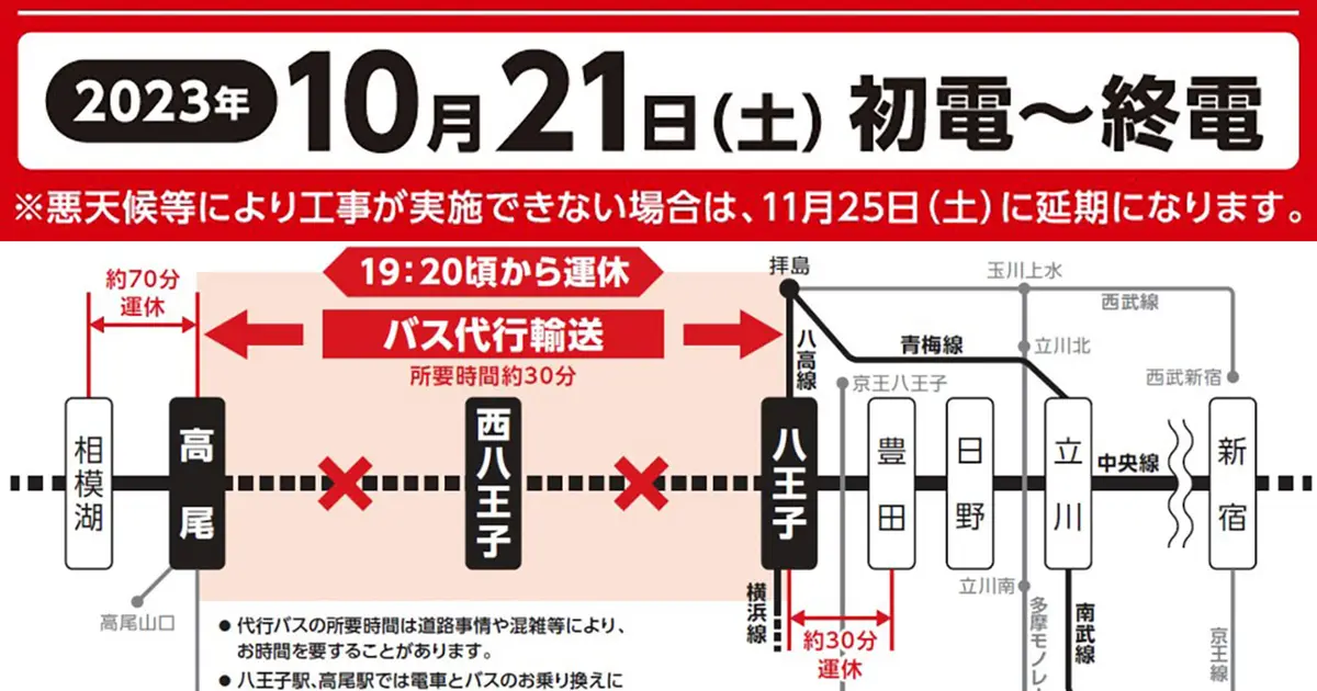 10/21(土)19:20～終電】JR八王子駅～高尾駅区間が一時運休