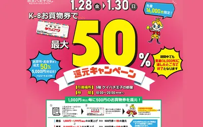 【1/28～1/30限定】K-8お買い物券で最大50％還元キャンペーンはじまる!!
