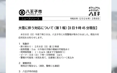 八王子で大雪警報 市役所が対応状況を発表【2月8日9:45時点】