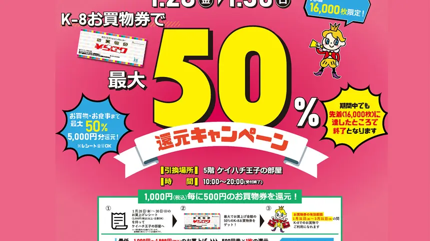 【1/28～1/30限定】K-8お買い物券で最大50％還元キャンペーンはじまる!!